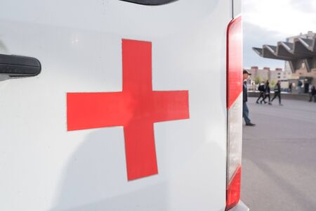 RUSSIA, MOSCOW - september 21, 2019.The ambulance Austrian Red Cross on the teachings of the Ministry of Emergency Situations of russia. the red cross on the white car of the ambulance, ambulance car. accidentのeditorial素材
