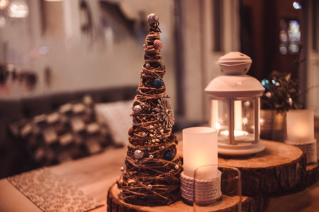 Christmas or New Year party table. Toned image.The concept of a festive dinner.festive branch...