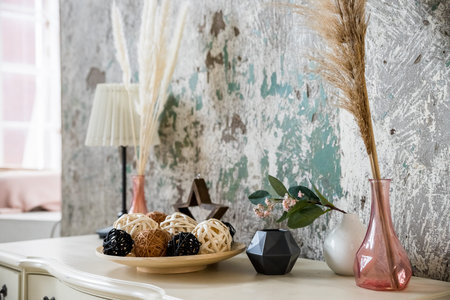 Flower in the vases glass decorated on wooden table interior decoration