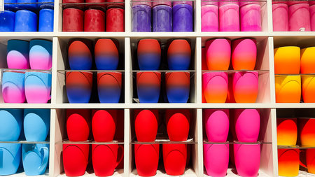 Colored gradient glasses on the shelves in the store. Cups of all colors of the rainbow on the...
