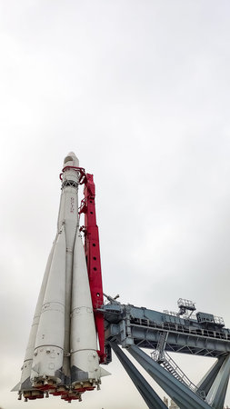 Moscow, Russia, April 3, 2020: Scale reproduction of Vostok 1 rocket used by Yuri Gagarin in the...