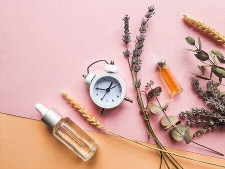 Eucalyptus Essential Oil.fragrant, refreshing, antiseptic respiratory system. Herbal medicine for treat depression and insomnia. Alarm clock, medicine herbs and aromatherapy oil.Time to be beautifulの写真素材
