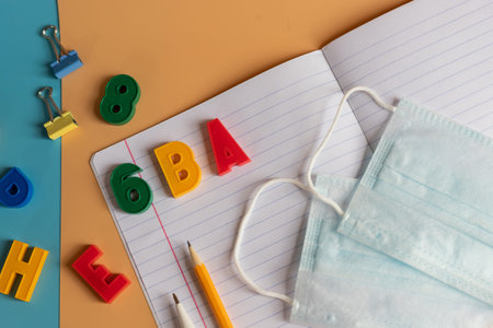 Arrangement of various school supplies.School stationery , medical masks. school reopening,...