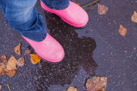 Legs of child in rainboots standing in puddleの写真素材