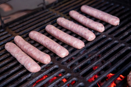 raw Pork sausages grilling on BBQ on a summer picnic, close up of the grill, meat and fire.Grilled...