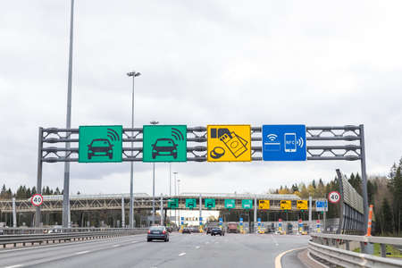 Moscow, Russia 14 09 2020: toll road or tollway on the controlled-access highway. Forced traffic jam concept. point of payment for the toll road. Toll highway. Point of payment on the roadのeditorial素材