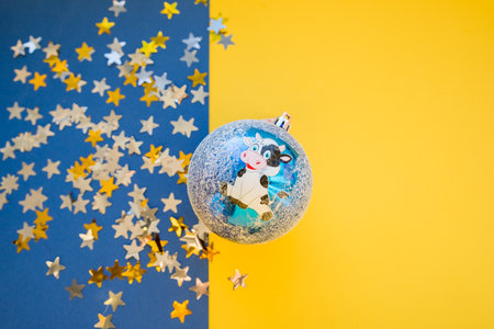 christmas decoration ornament bull on colorful background.Merry Christmas and happy new year.Symbol of the year 2021 bull .gold tinsel, silver and golden shiny stars. greeting card.Copy spaceの写真素材