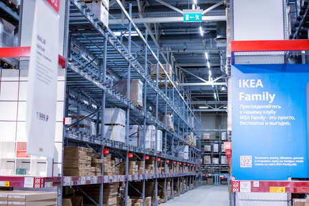 Moscow, russia - JANUARY 2, 2021: Interior of large IKEA storehouse with a wide range of products. Ikea is the worlds largest furniture retailer.furniture retailer.Warehouse Goods Stock for Logisticのeditorial素材