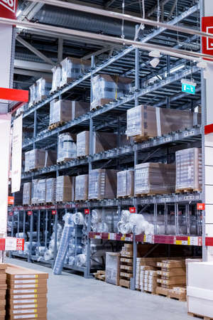 Moscow, russia - JANUARY 2, 2021: Interior of large IKEA storehouse with a wide range of products. Ikea is the worlds largest furniture retailer.furniture retailer.Warehouse Goods Stock for Logisticのeditorial素材