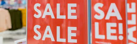 Red bright sale banner on anti-thieft gate sensor at retail shopping mall entrance.Seasonal discount...