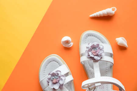 Pair of white baby sandals on color background, top view.Stylish leather girls sandals and seashells, composition.comfortable leather kids summer shoes.holiday conceptの写真素材
