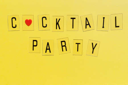cocktail party invitation, card.Disco party text on a yellow paper. decoration, cocktail straws. A creative invitation.Inspirational Summer Quote Poster, Postcard Background Design.copy spaceの写真素材