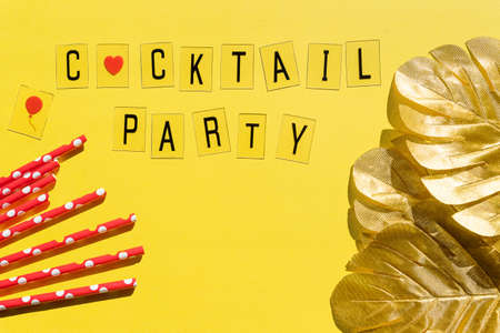 cocktail party invitation, card.Disco party text on a yellow paper. decoration, cocktail straws. A creative invitation.Inspirational Summer Quote Poster, Postcard Background Design.copy spaceの写真素材