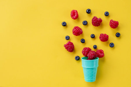 Freshly blueberries in an ice cream cone. Blueberry explosion. Summer refreshment concept. Natural...