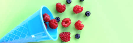 Freshly blueberries in an ice cream cone. Blueberry explosion. Summer refreshment concept. Natural Organic Food Style.Fresh fruit and berries in waffle cones, healthy summer food concept. Sweet menuの写真素材