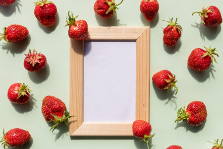 wooden picture photo frame mockup with copy space.red fresh summer berries on soft green backgound.mock up for design, summer mood, sale banner.natural berries, not genetically modified productsの写真素材
