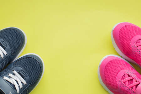 Fashion stylish textile kids shoe. teens footwear with laces empty space for text.Fashion stylish sport shoes for walking, running, training.childrens sports sneakersの写真素材