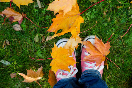 Teenager legs in textile material boots standing on ground with fallen leaves, top view. Season...