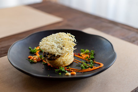 mushrooms baked in the oven with grated cheese, graten.Traditional cheese casserole, French cuisine....