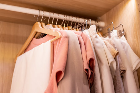 Hangers with different clothes in wardrobe closet.shirts and dress hanging on rail in wooden...