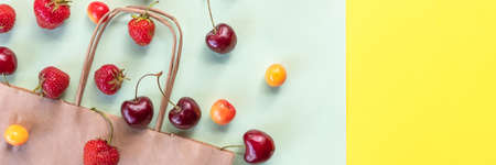 Organic fruits and vegetables with paper bag. view from above on a paper bag with fresh berries. Flat lay.Vegetarian and healthy food concept.web bannerの写真素材