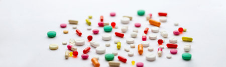 Creative layout of colorful pills and capsules on green background. Minimal medical concept....