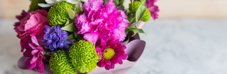 Beautiful bouquet of white and rose flowers on marble background. Selective focus.colorful flowers,...