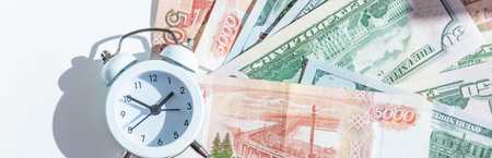 Russian ruble banknotes issued by the Bank of Russia. Financial system and economy of Russia. World...
