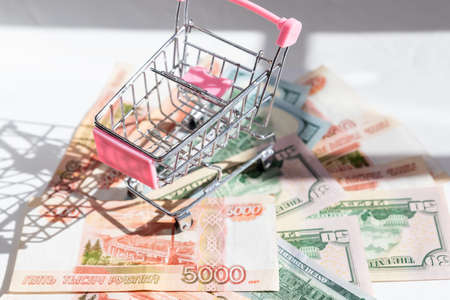 Mini shopping cart with banknotes inside and mini alarm clock. Trolley and money. Financial crisis or shopaholic concept. Flat lay, copy space.の写真素材