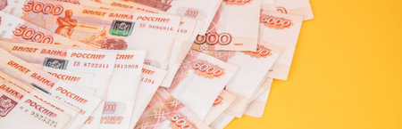 Russian money Banknotes of Russian rubles. Cash, currrency, banknotes bank Russia. Wealth financial...