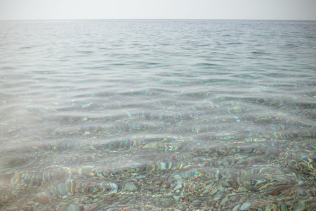 Seascape, evening scenery with moon horizon line. Water reflection, ocean background, aqua...