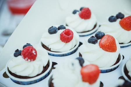 Delicious mini tarts.Mini Pavlova meringue with whipped cream and blueberries and strawberries, top...