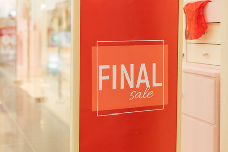 Red sign in front of shop saying Final Sale.Black Friday Sale red price tag in shopping cente. Shopping, sale, discount concept.sign on a window of a shop.Christmas seasonの写真素材