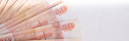 Money on Russia. Close-up of Russian rubles on five thousand.Russian cash banknotes of five thousand...