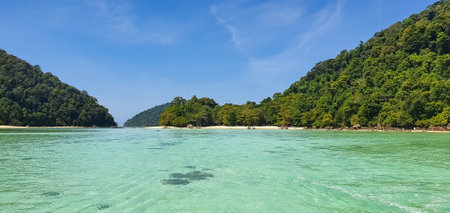 Scenic view of Islands peaceful white sand beach and crystal clear turquoise sea water bay with tropical tree at horizon. Summer vibe.amazing tropical nature background. Beautiful bright seaの写真素材