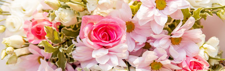 Modern floral bouquet of different flowers, colorful bunch of flowers.pink roses, Chrysanthemum. daisy and Eustoma. Colorful postcard. Congratulation or present concept.web bannerの写真素材