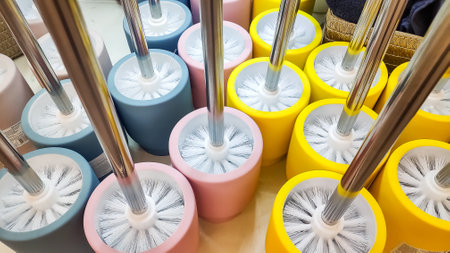 Various type of toilet brush with different size, shape and color are standing in the supermarket.cleaning the toilet, concept for house cleaning services and domestic dutiesの写真素材