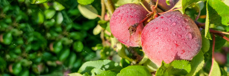 Apple tree. Branch of ripe red apples on a tree in a garden.Harvest time.Fresh organic green applesの写真素材