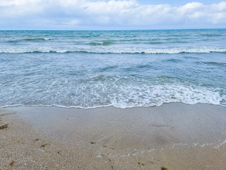 Close up sea sand beach. Panoramic beach landscape. Inspire tropical beach seascape horizon.の写真素材