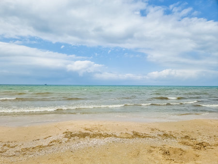 Close up sea sand beach. Panoramic beach landscape. Inspire tropical beach seascape horizon.の写真素材