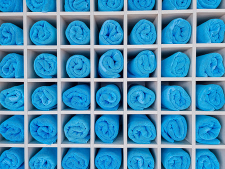 Stack of rolled towels in hotel near beach. Spa resort.Beach bath towel rolls blue fabric texture cloth background used for swimming poolの写真素材