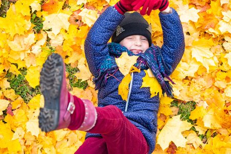 Happy little girl playing in beautiful autumn park on warm sunny fall day. Kids play with golden maple leaves. Little girl in a blue coat at autumn holding leavesの写真素材