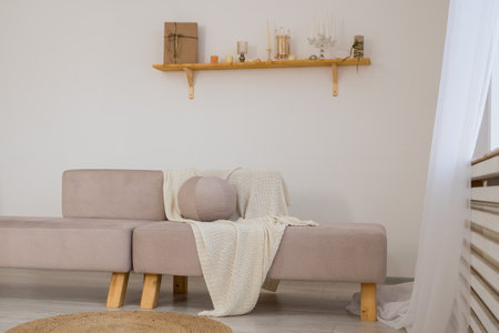 Work from home, renting apartment, buying. beige sofa with pillows, table with cup of hot drink, shelves in living room interior.Concept of morning cup of coffee, good start to the day, a cozy home.の写真素材