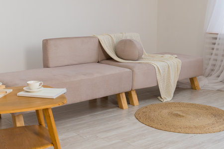 Work from home, renting apartment, buying. beige sofa with pillows, table with cup of hot drink, shelves in living room interior.Concept of morning cup of coffee, good start to the day, a cozy home.の写真素材