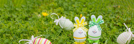 Easter object. colored hand painted easter eggs with bunny ears, symbols of the holiday. composition...