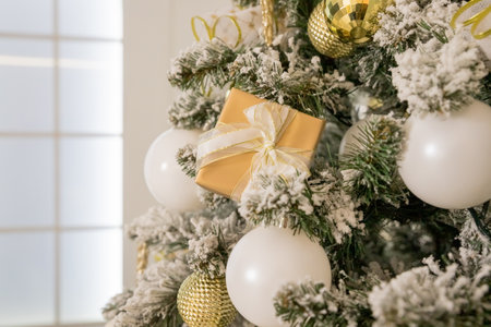 white modern christmas decoration. luxury interior with Christmas tree decorated, golden textile, golden presents,balls .festive tree decorated with garland, baubles, traditional celebrationの写真素材