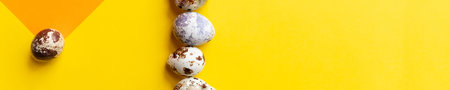 Creative layout with Fresh organic quail egg on bright yellow background. Quail eggs pattern. Happy easter concept. Minimal design. Copy space, flat lay, from aboveの写真素材