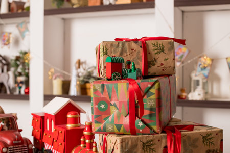 Stacks of Christmas presents. Christmas preparation concept. Stack of different colorful boxes for...