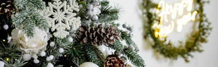 White snowy Christmas tree decor home New Year postcard.Christmas tree decorated in retro style with...