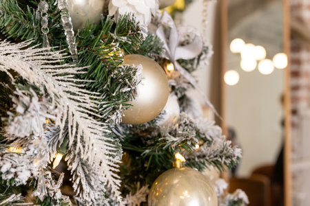 New Year room design. shiny Christmas tree. Winter holidays surprise,luxury Interior. Decor. New Years decor. White snow-covered christmas tree with gifts for new yearの写真素材